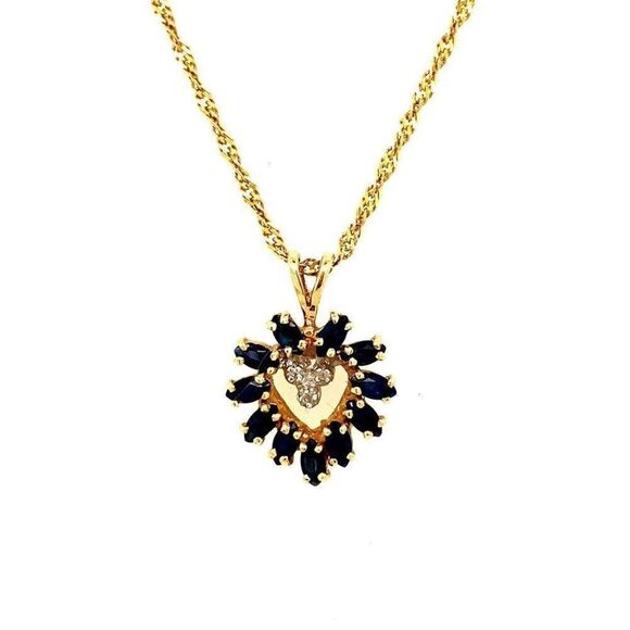 14k Blue Sapphire/Diamond Heart Necklace - Picture 1 of 15